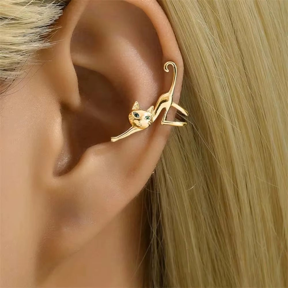 Stylish Cat Elf Clip-On Earrings with Green Eye Design - Unique Metal Fashion Jewelry for Women