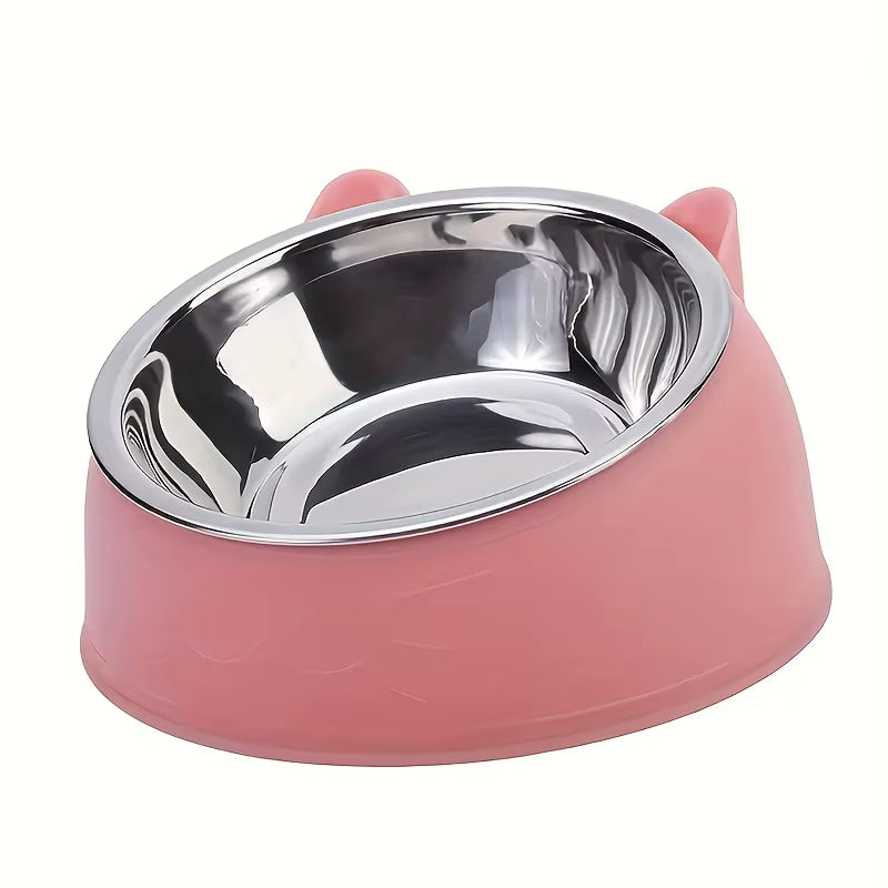 1Pc Elevated Stainless Steel Cat Bowl, Inclined Food & Water Dish with Cute Ear Stand, Neck Protection Design for Cats