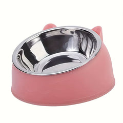 1Pc Elevated Stainless Steel Cat Bowl, Inclined Food & Water Dish with Cute Ear Stand, Neck Protection Design for Cats