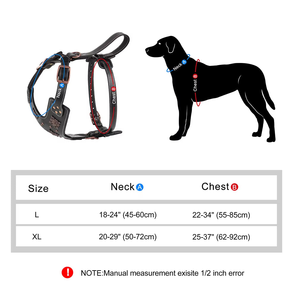 Genuine Leather Dog Harness Durable Large Dogs Harnesses Riveted Pet Training Vest with Metal Accessories for Medium Large Dogs