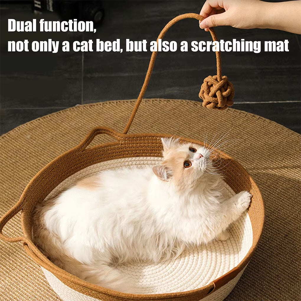 Rattan Weaving Cat Basket Pet Cat Bed Woven Four Seasons Cat Bed Cat Scratch Floor Rattan Interactive Games Ball with Cushion
