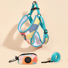 Luxury 3-Piece Adjustable Pet Harness, Leash, and Poop Bag Holder Set - No-Pull Breathable Mesh Walking Vest and Matching Travel Pouch for Dogs and Cats