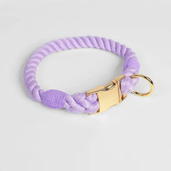 Rainbow Cotton Rope Pet Collar | Soft Hand-Dyed Braided Training Collar with Heavy-Duty Gold Metal Buckle - Purple & Light Blue