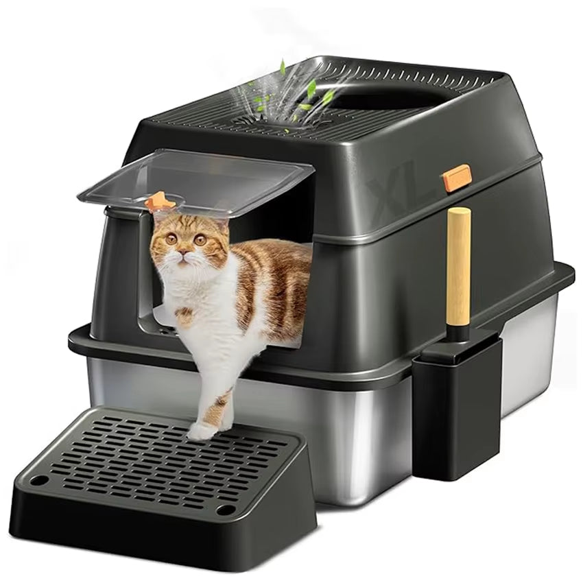 Extra Large Stainless Steel Cat Litter Box with Lid and Cover - Odor-Controlled Design for Large Cats
