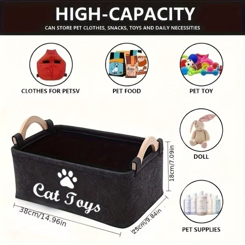 Durable Polyester Cat Toy Storage Box |Graphic Paw Print Design,Pet Toy Organizer Basket for Home Organization,No Battery Needed