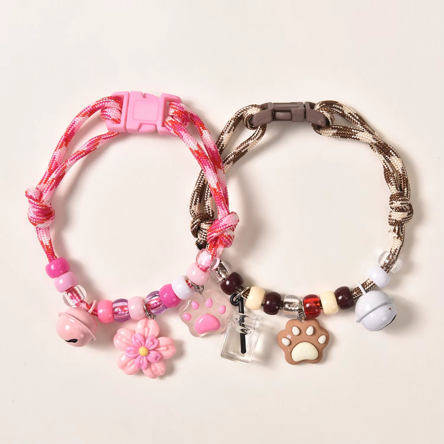 Adjustable rope pet collar with decorative beads and safety bell