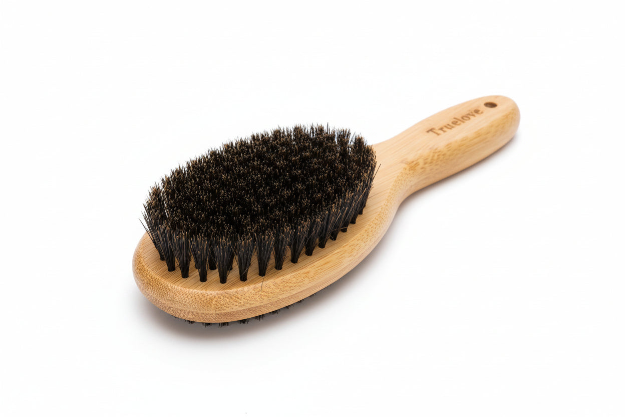 Natural bamboo pet grooming brush with soft bristles for brushing dogs and cats