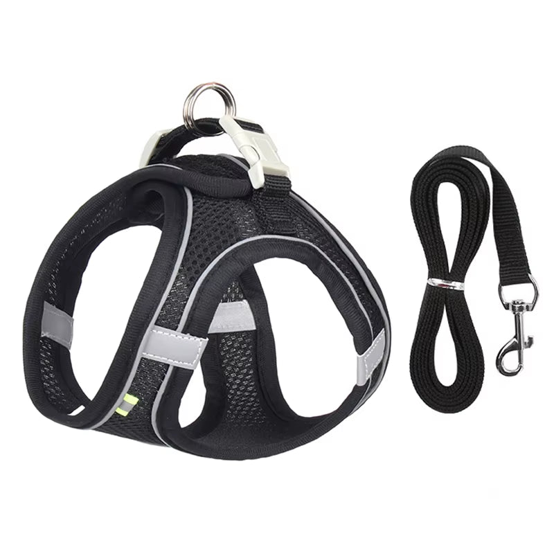 Black reflective mesh no-pull dog harness and leash set for small dogs, adjustable vest style for puppies and small breeds
