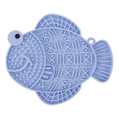 A blue fish-shaped anti-anxiety licking pad made of food-grade silicone for slow feeding.