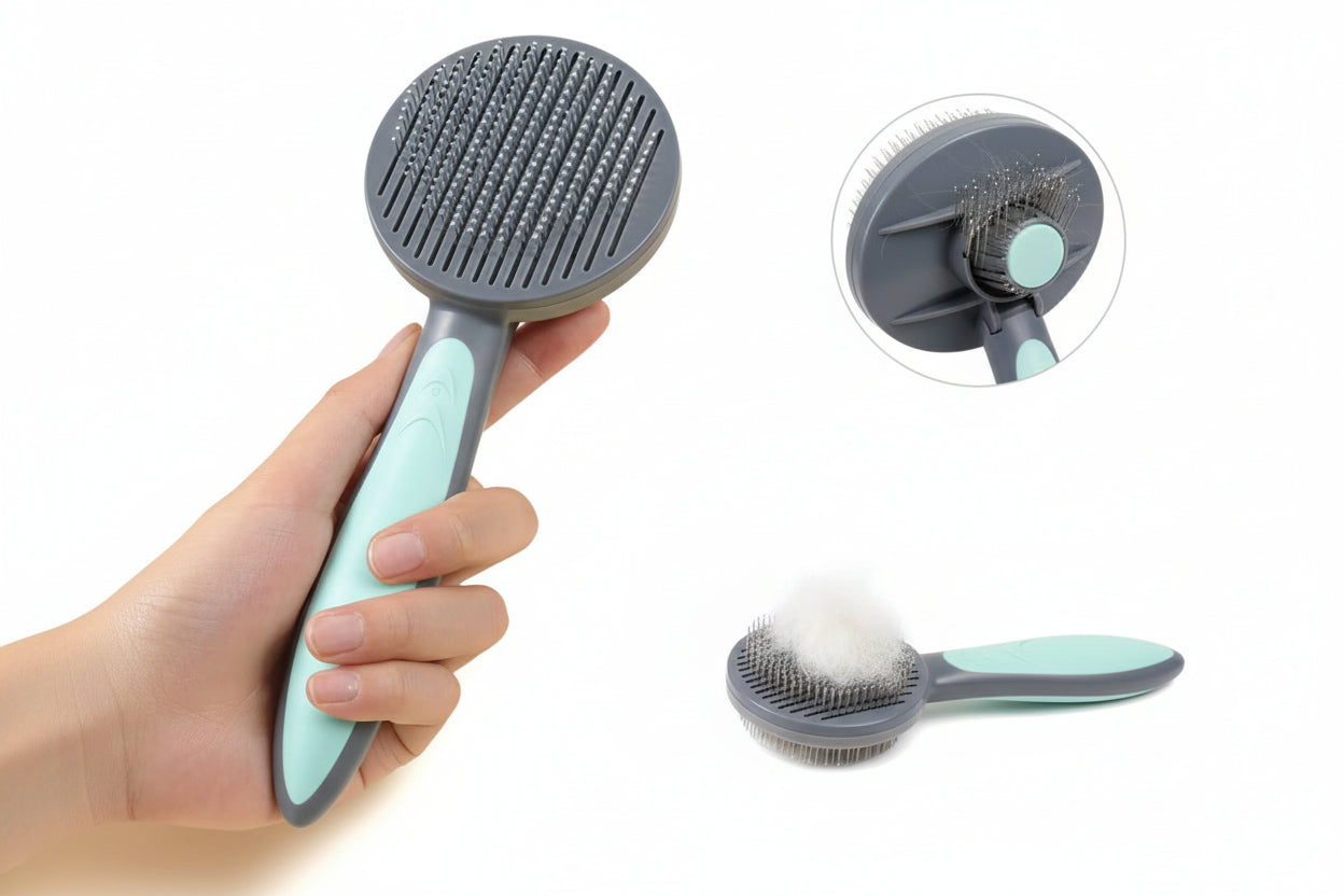 Green self‑cleaning pet brush with stainless steel bristles and fur removal button.