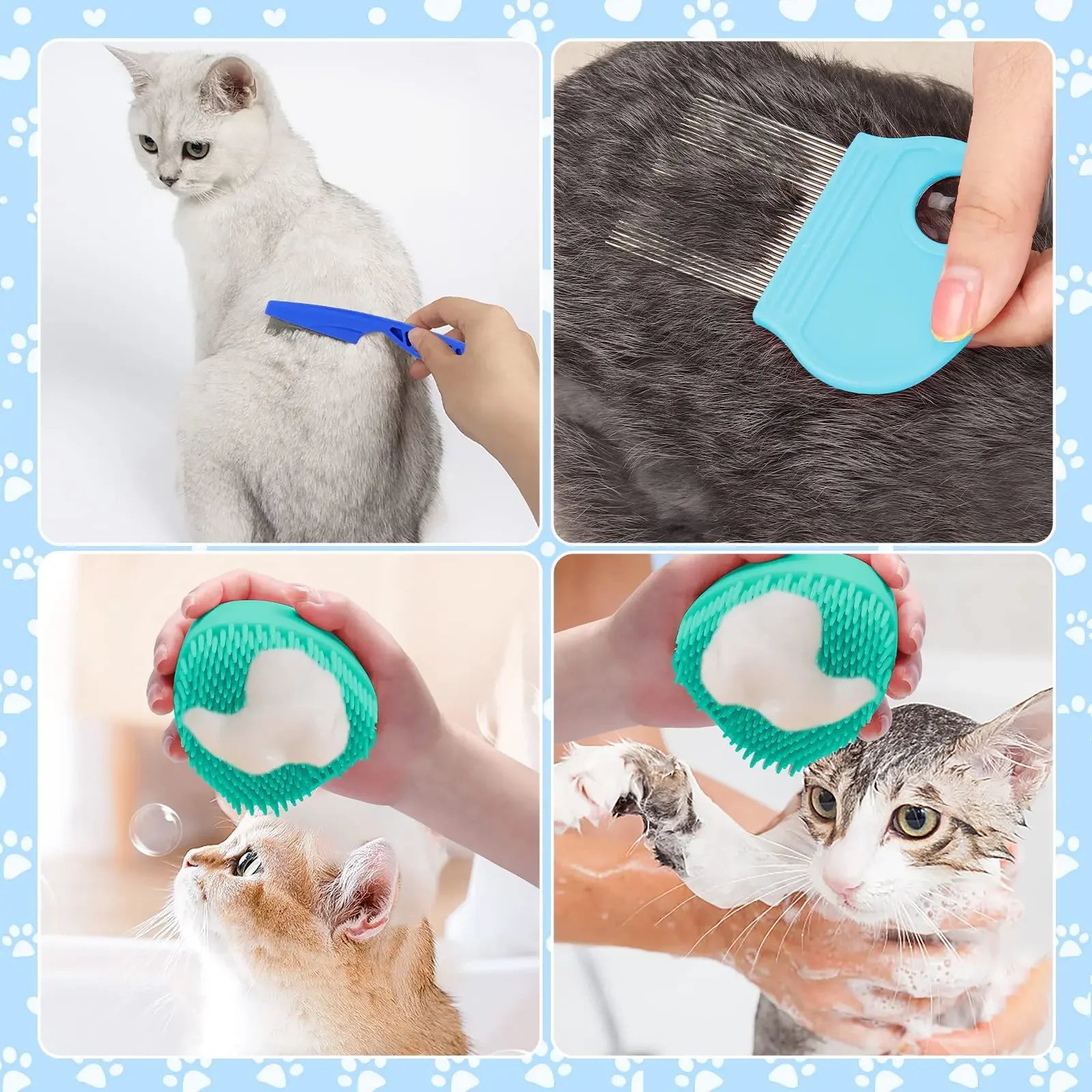 Flea comb, bath brush, and grooming tools being used on cats to remove loose fur and clean during bath time.
