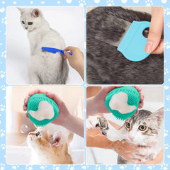 Flea comb, bath brush, and grooming tools being used on cats to remove loose fur and clean during bath time.