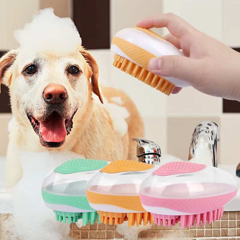 Silicone pet bath brush displayed with multiple colors, shown in use during a pet bath with its soft bristle design.