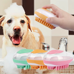 Silicone pet bath brush displayed with multiple colors, shown in use during a pet bath with its soft bristle design.