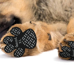 A close-up of a dog’s paw wearing a black anti-slip paw grip pad with a textured pattern, designed to improve traction and protect paw pads.