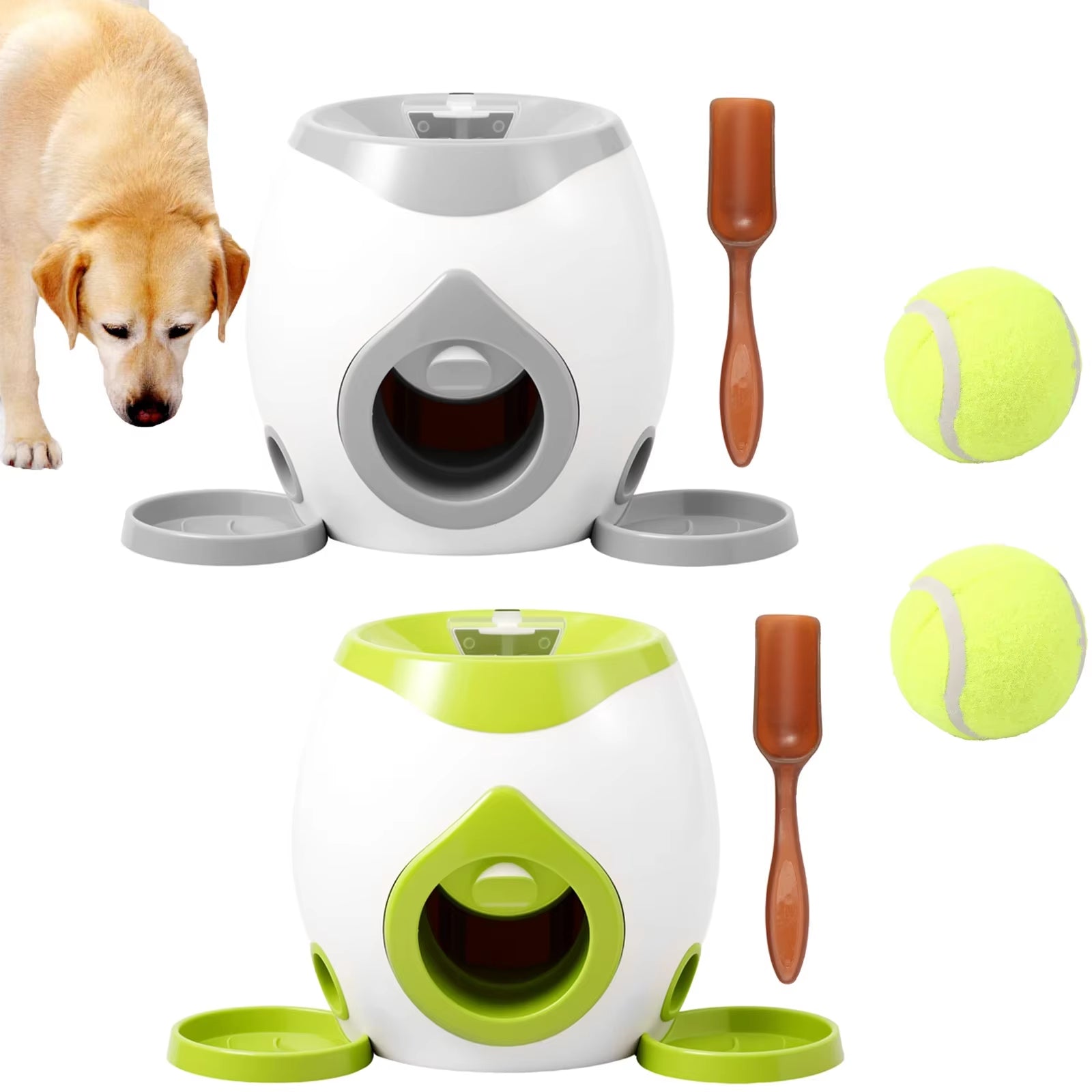 Dog playing with interactive ball launcher set featuring green and grey compartments.