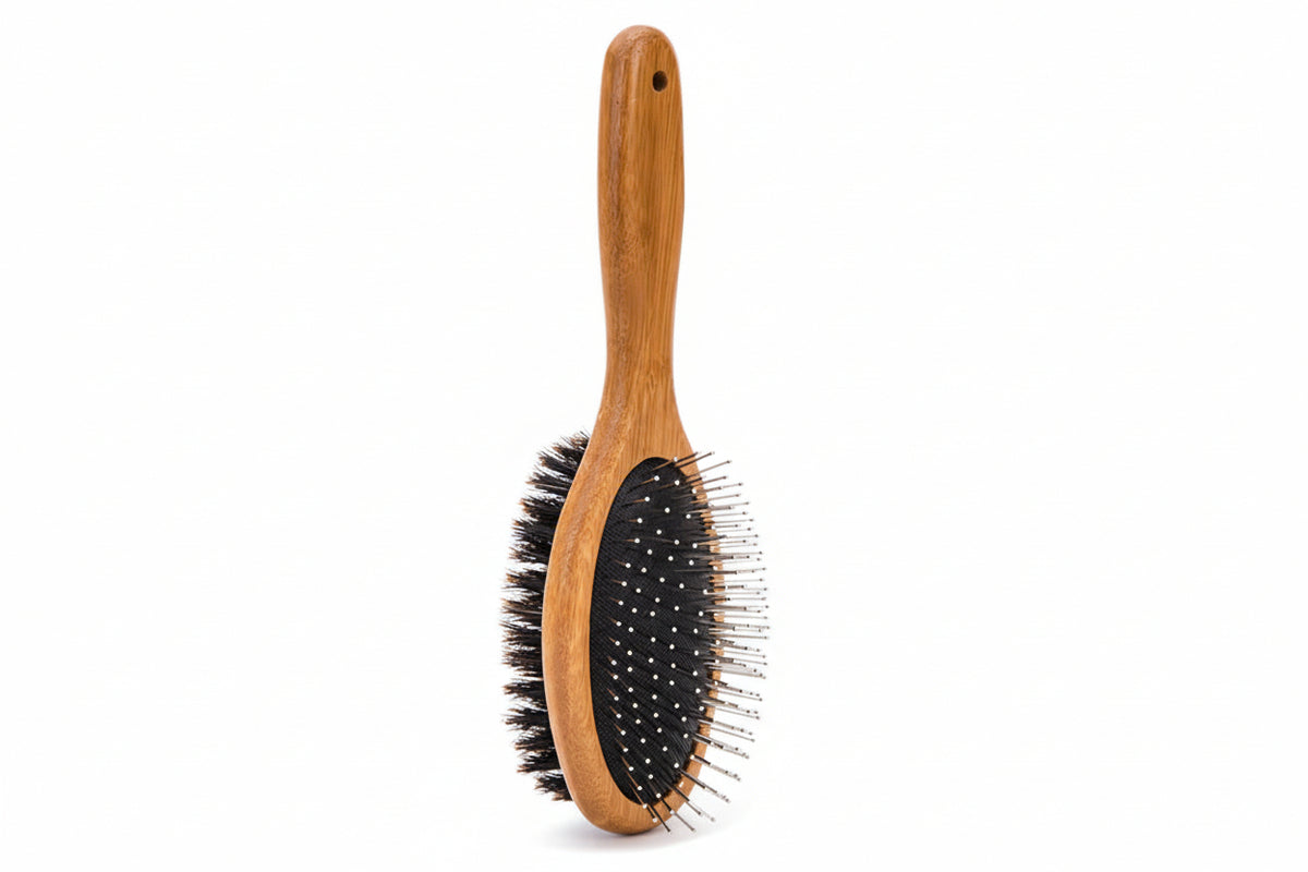 Double‑sided bamboo pet brush with stainless steel needles and soft bristles