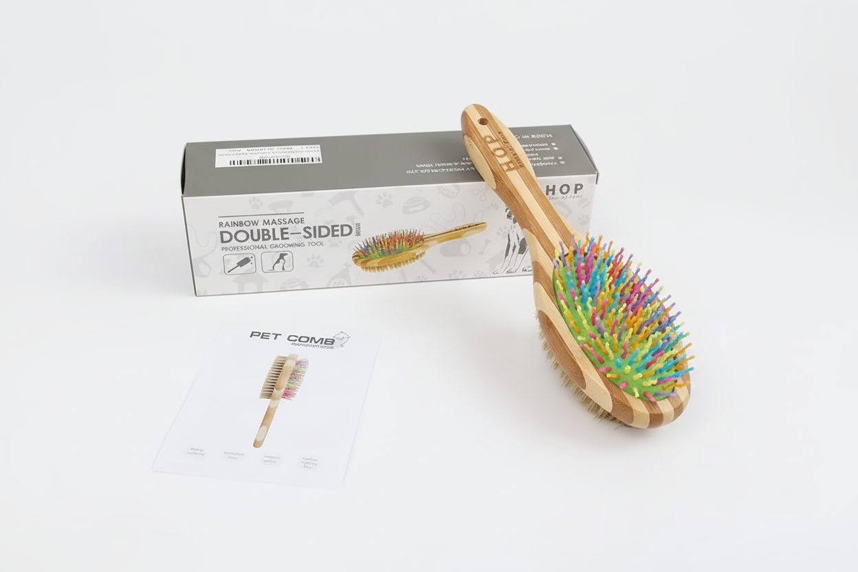 A double‑sided bamboo pet grooming brush with colorful silicone bristles shown next to packaging and instruction card, designed for detangling, shedding, and pet massage.