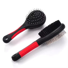 Double‑sided pet grooming brush with steel needles and soft bristles