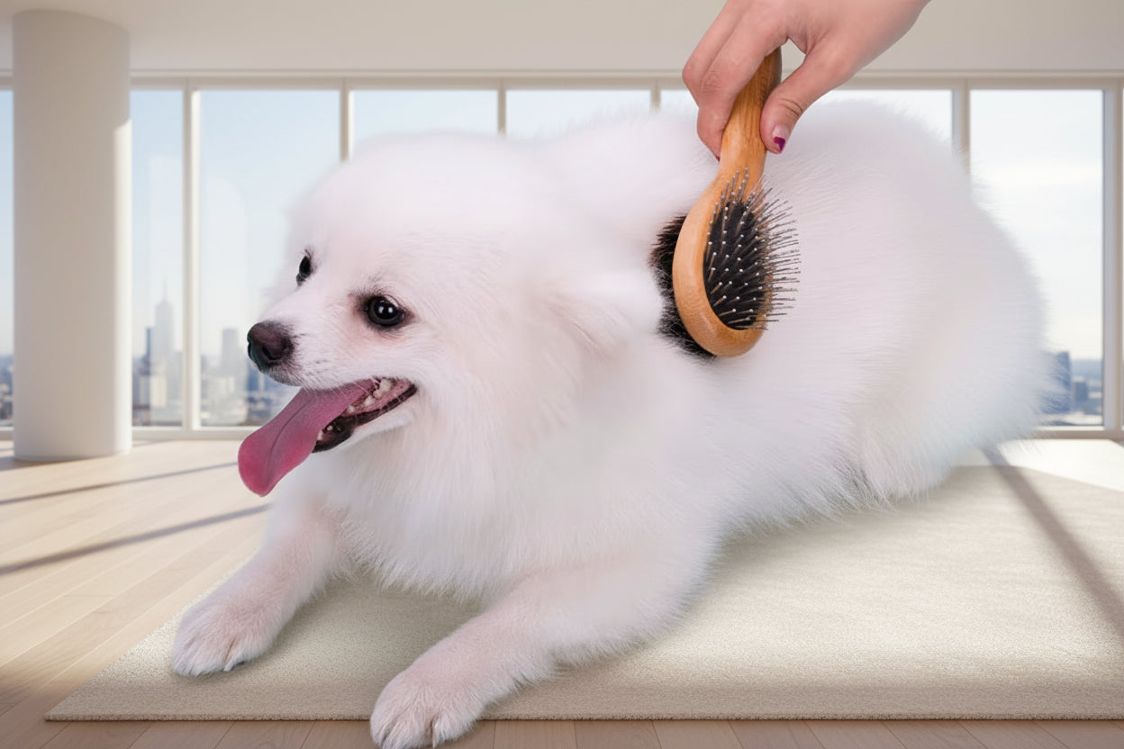 Air‑cushion base on dual‑sided pet comb for safe grooming