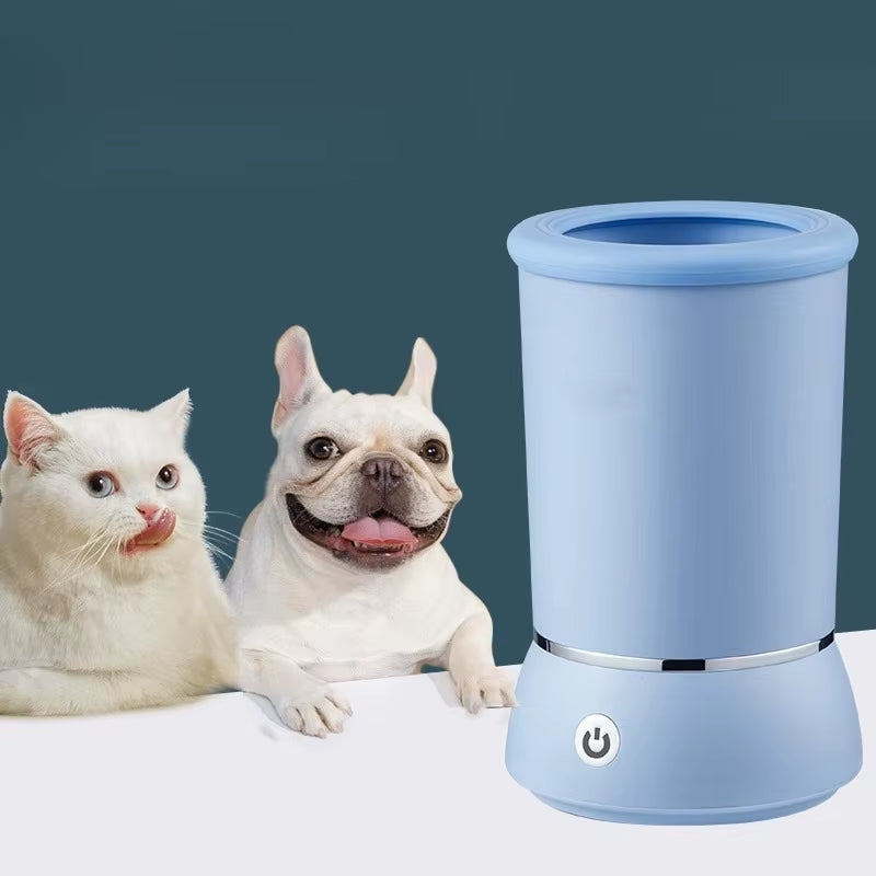 A blue electric pet paw cleaning cup with USB charging and soft silicone inner bristles, displayed next to a dog and a cat.