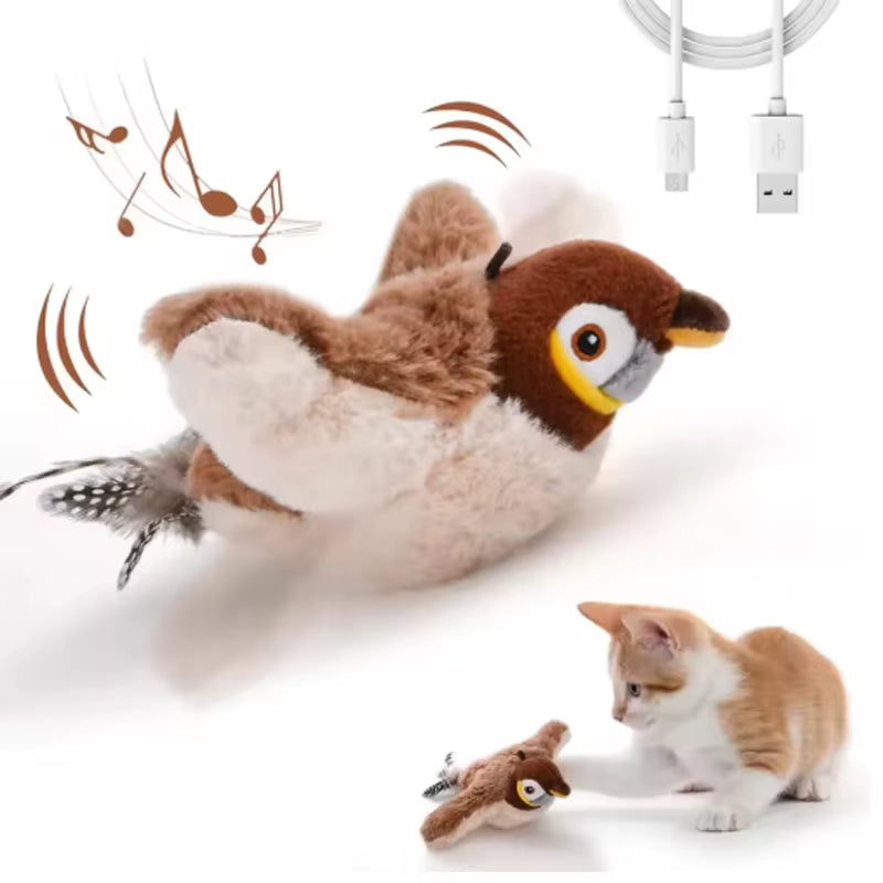 Hot Cat Interactive Toy Electric Simulated Bird Chirping Plush Cat Toy Pet Feather Teaser Bird-Shaped Toy