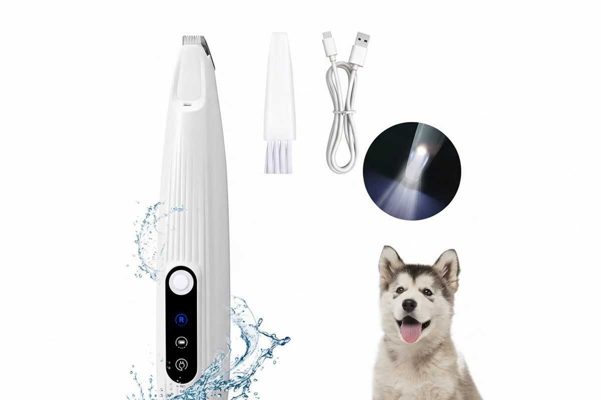 Electric pet paw trimmer with LED light and grooming accessories.