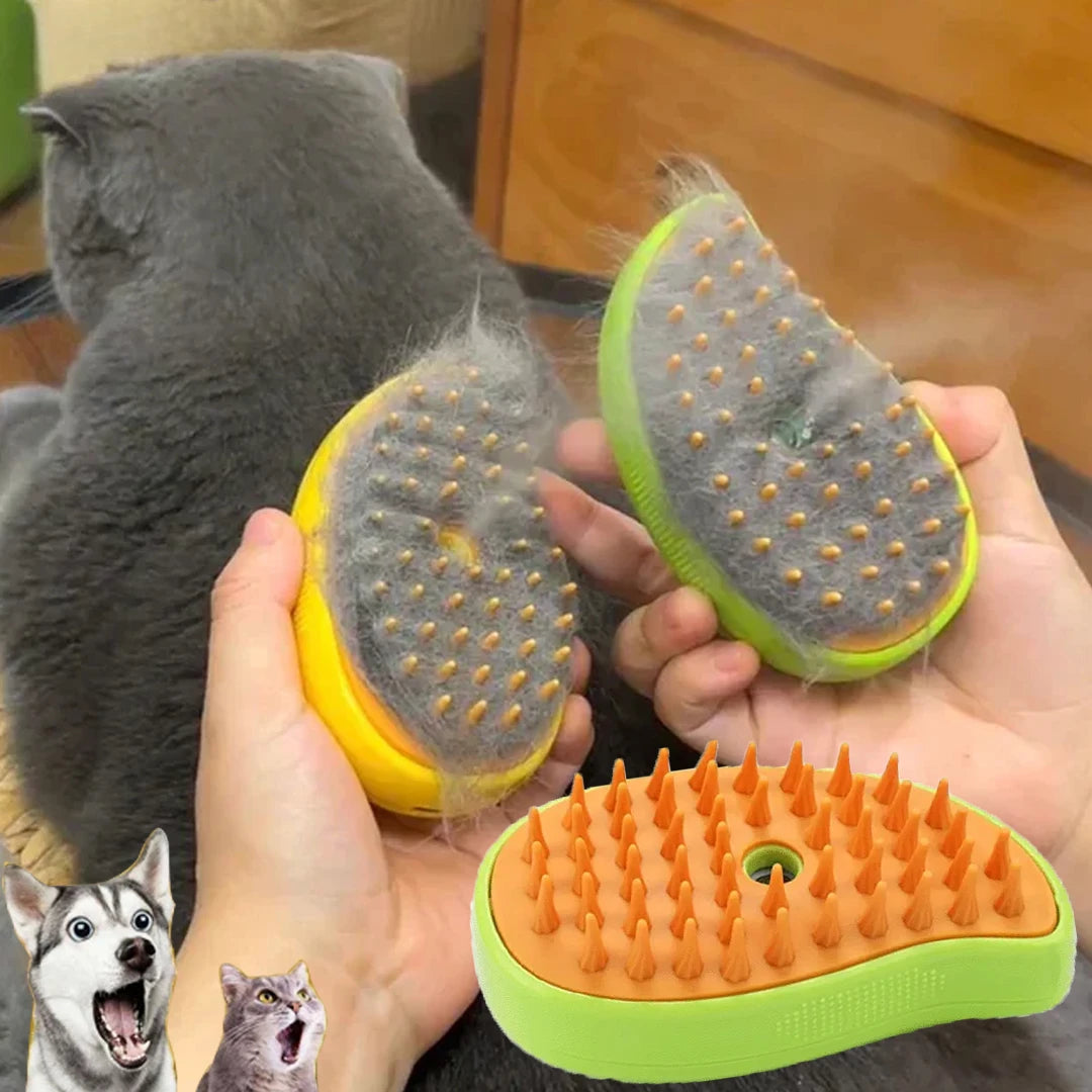 Person using a yellow electric steamy pet brush to groom a relaxed cat.