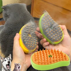 Person using a yellow electric steamy pet brush to groom a relaxed cat.