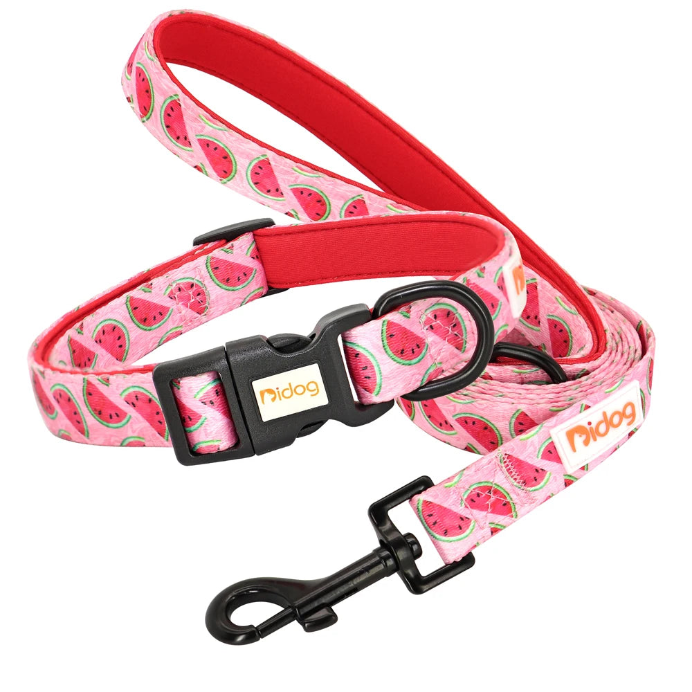 Print Nylon Dog Collar and Leash Set Adjustable Puppy Collars Soft Pet Necklace Walking Leash for Small Medium Dogs Cats Bulldog