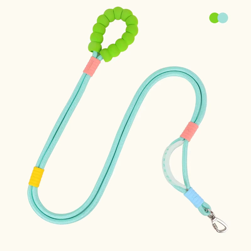 A teal hands‑free dog walking leash with a green padded handle, secure rope design, and metal clip for attachment.