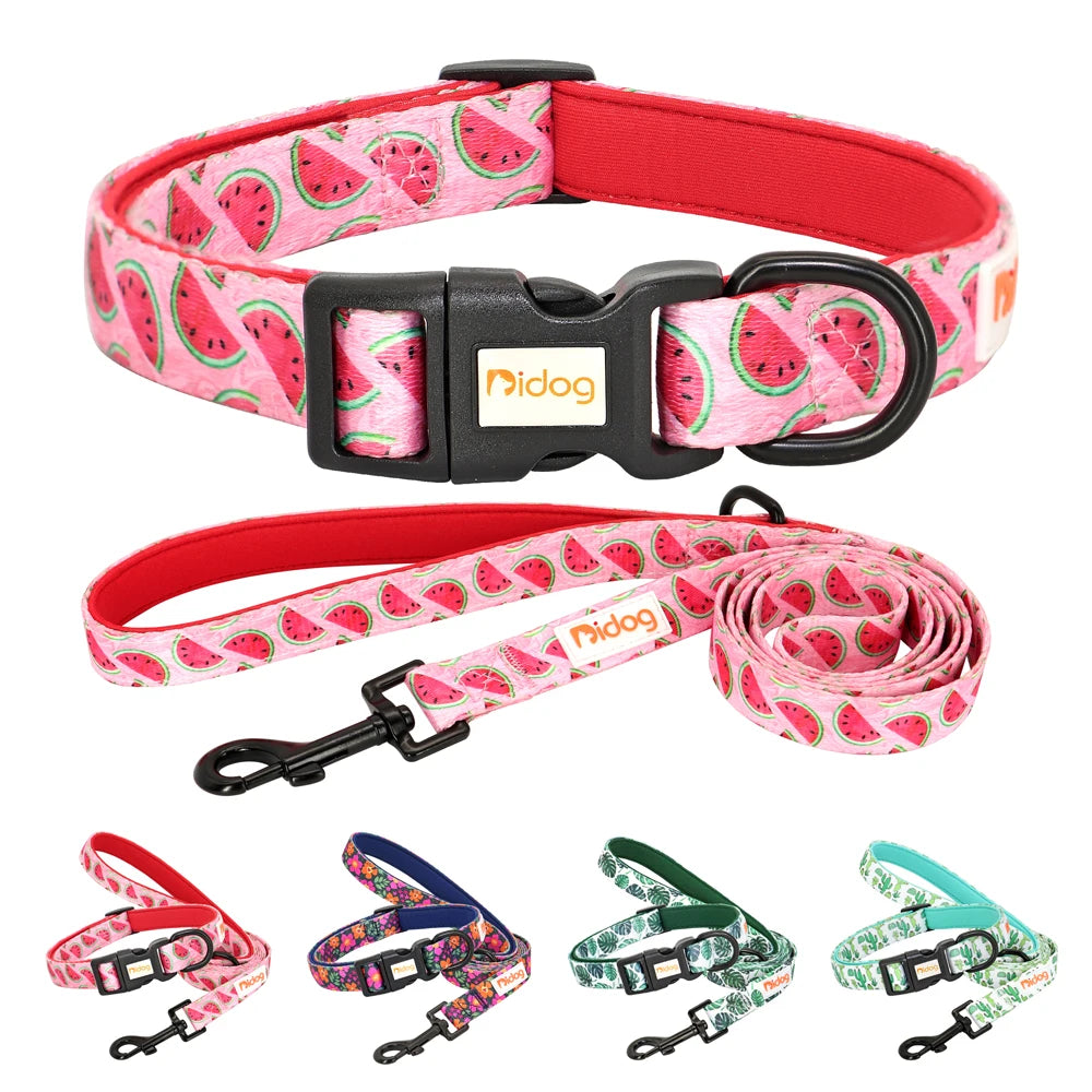 Print Nylon Dog Collar and Leash Set Adjustable Puppy Collars Soft Pet Necklace Walking Leash for Small Medium Dogs Cats Bulldog