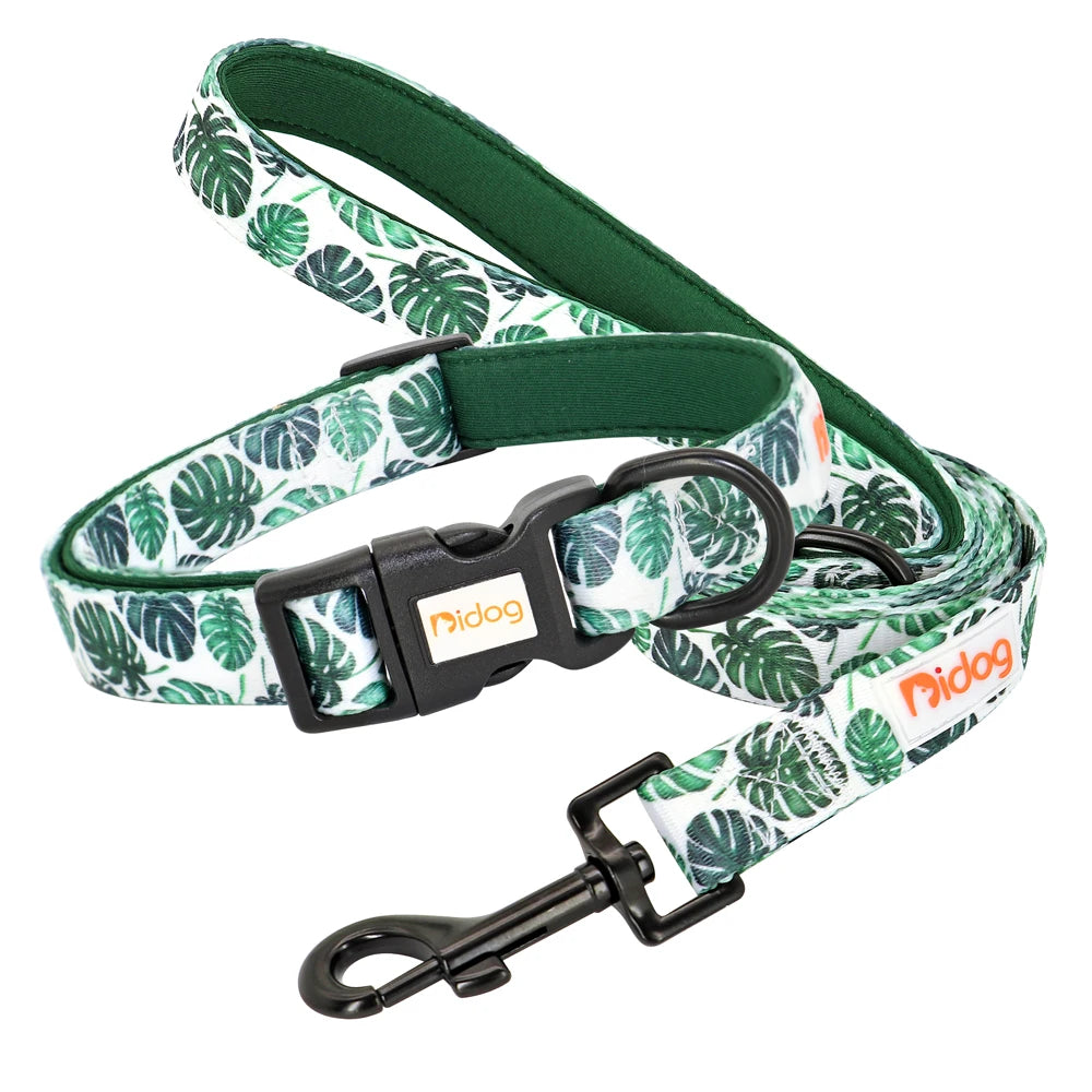 Print Nylon Dog Collar and Leash Set Adjustable Puppy Collars Soft Pet Necklace Walking Leash for Small Medium Dogs Cats Bulldog