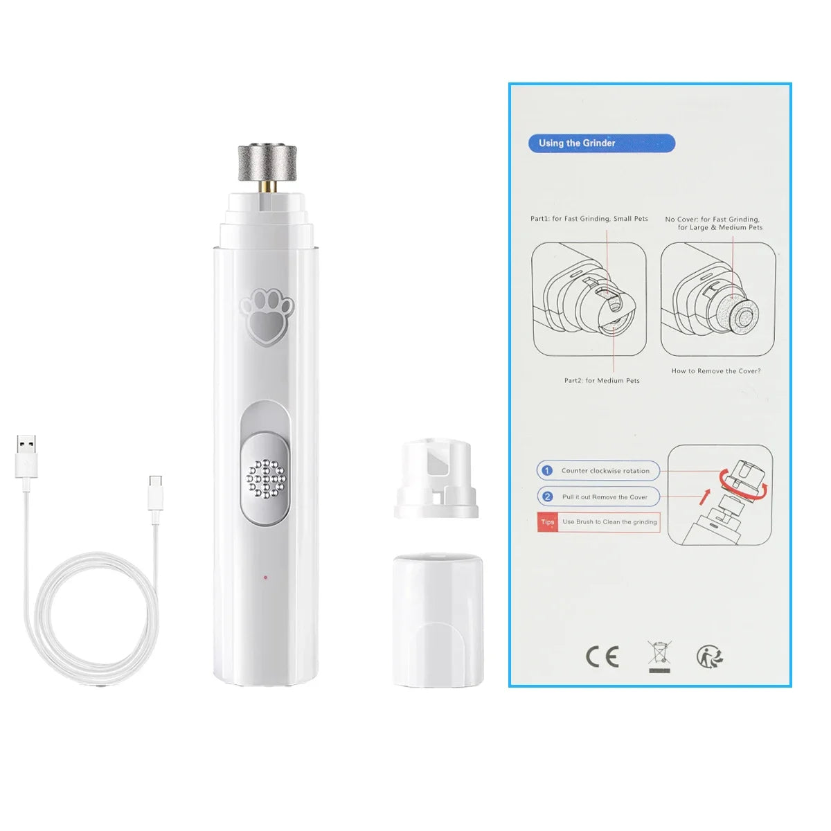 Low‑noise dog and cat nail trimmer with diamond grinding wheel