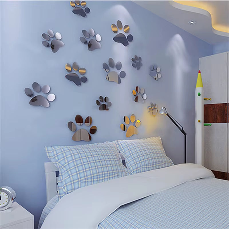 Mirror Acrylic Dog Paws Three-Dimensional Wall Stickers - 5 Pcs Set