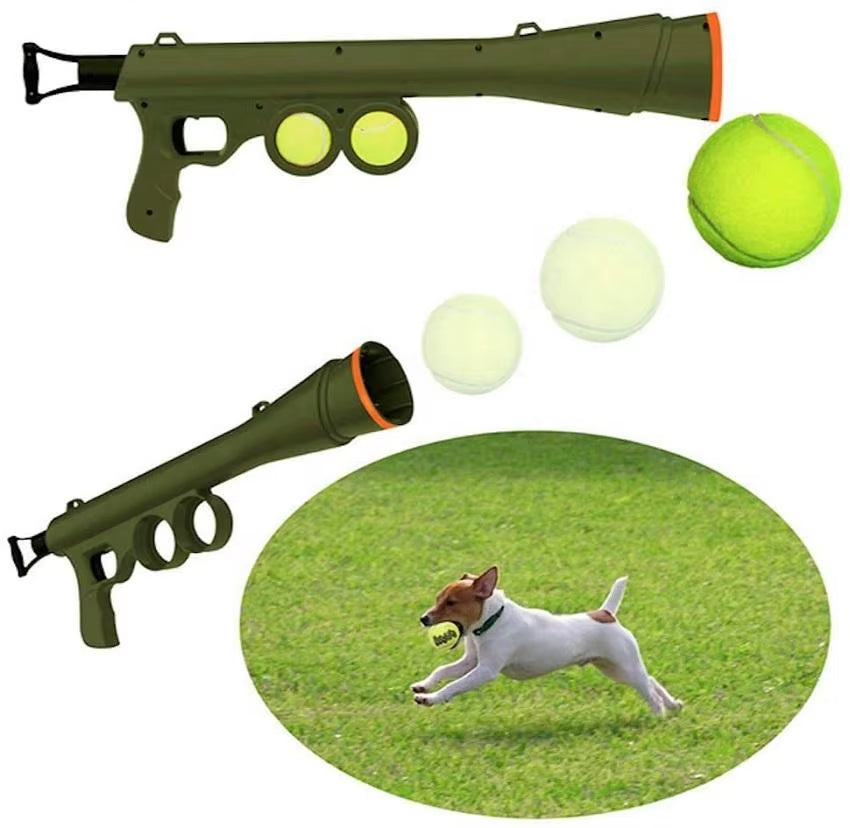 Dog tennis ball launcher with shoulder strap and attached tennis balls for outdoor play.