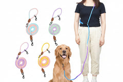 Pastel yellow and pink double head rope leash shown with metal clips