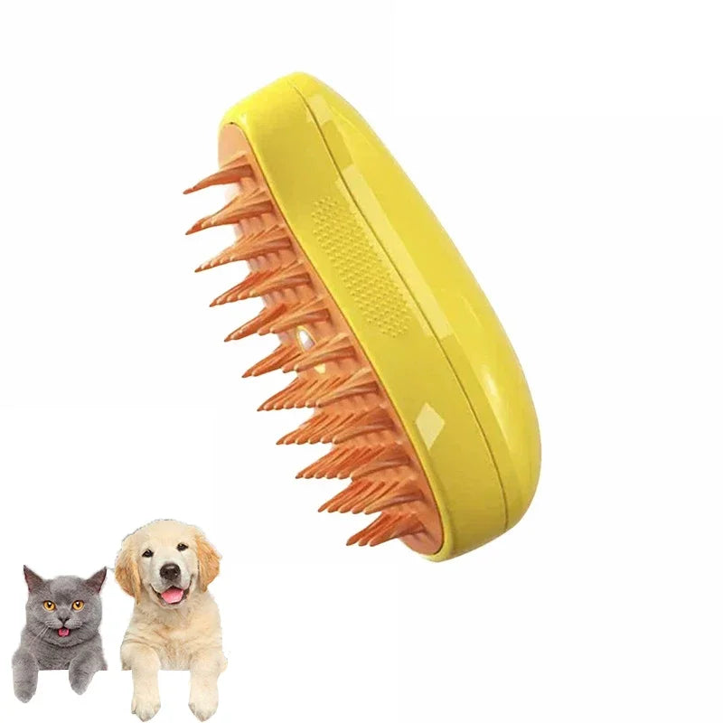 Yellow pet grooming brush with orange rubber bristles for shedding and massage.