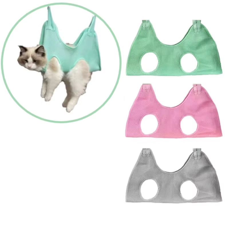 Pet grooming hammock shown in multiple colors with leg openings, designed for holding cats or dogs securely during nail trimming and grooming.