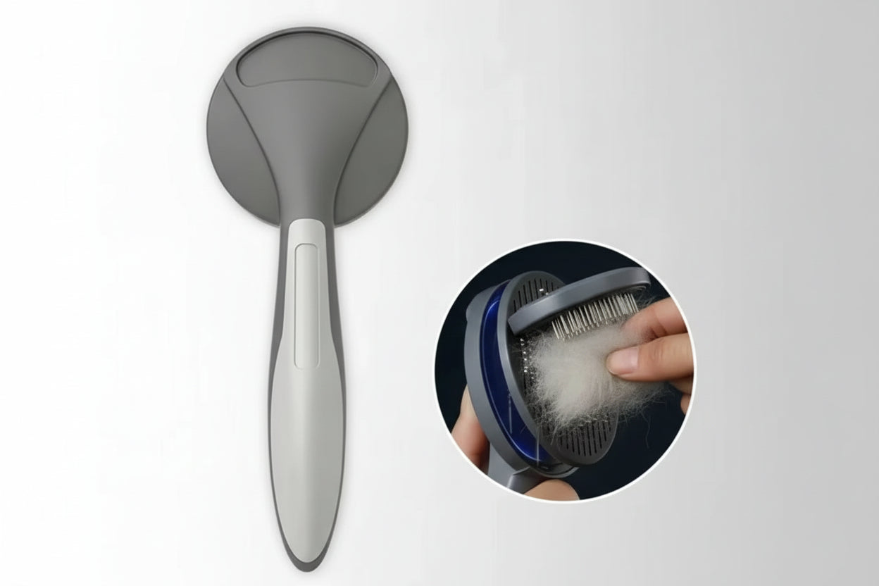 Pet grooming brush showing fur being pushed out using the self‑cleaning mechanism.