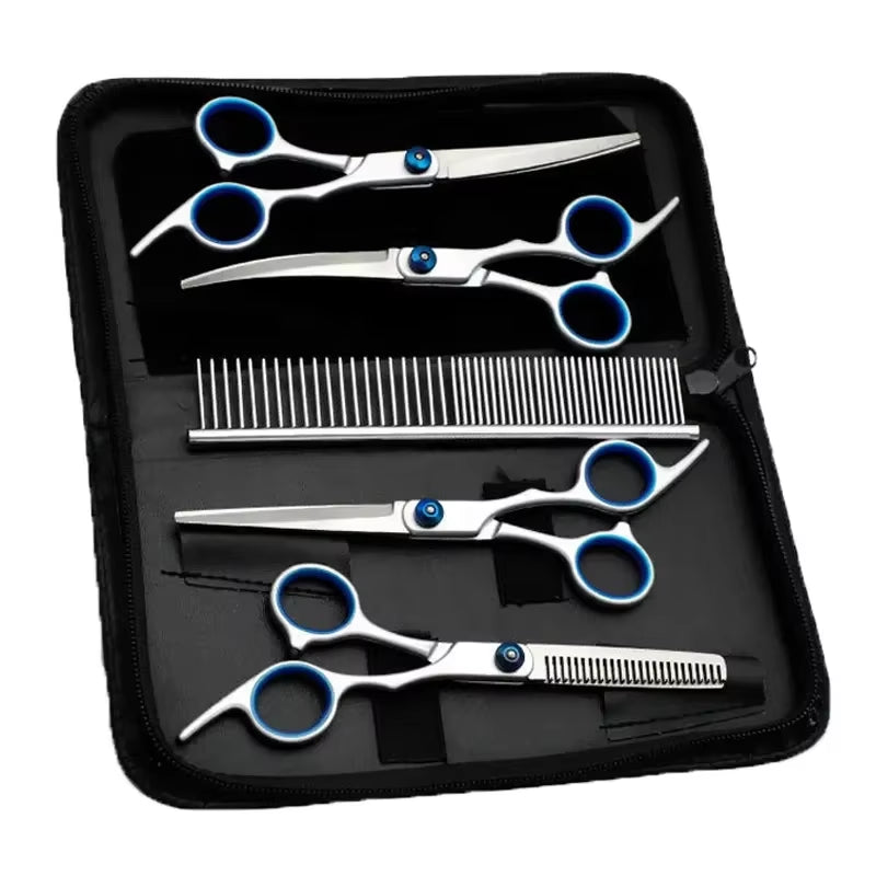 A complete pet grooming scissors set displayed in a black case, featuring curved shears, straight shears, thinning scissors, and a stainless steel comb.