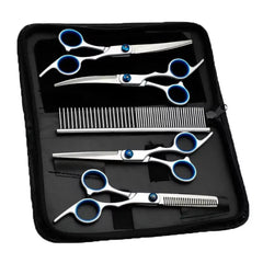 A complete pet grooming scissors set displayed in a black case, featuring curved shears, straight shears, thinning scissors, and a stainless steel comb.