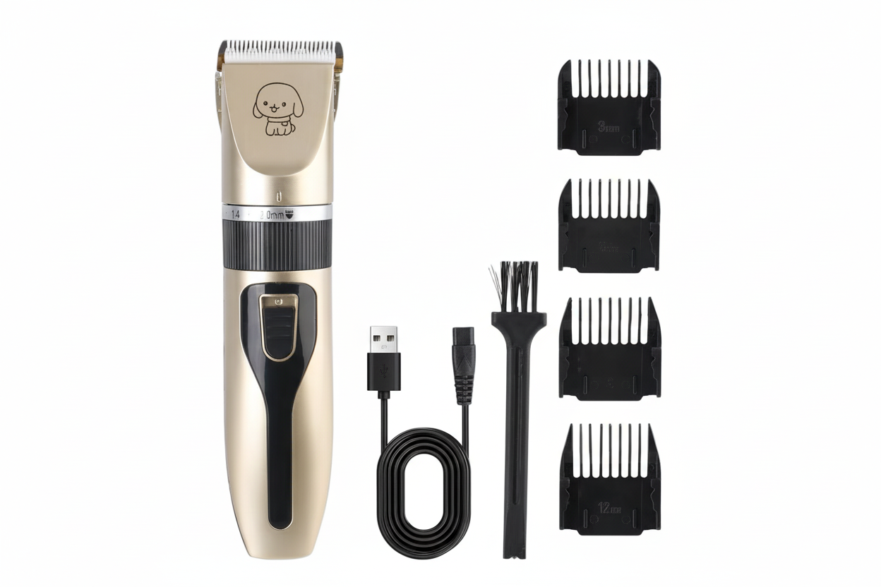 Gold and black hair trimmer set with attachments and USB cable on a white background, featuring the Homefik brand.