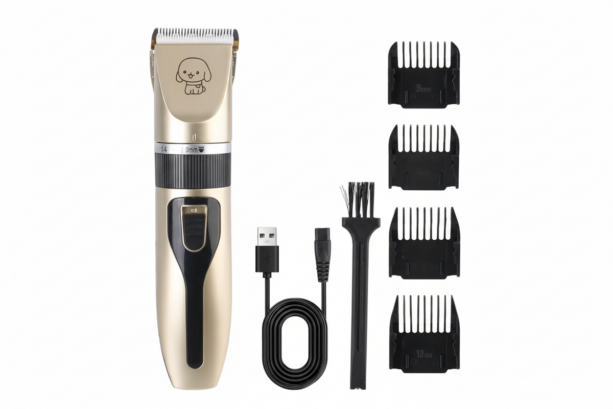 Gold and black hair trimmer set with attachments and USB cable on a white background, featuring the Homefik brand.