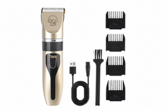 Gold and black hair trimmer set with attachments and USB cable on a white background, featuring the Homefik brand.