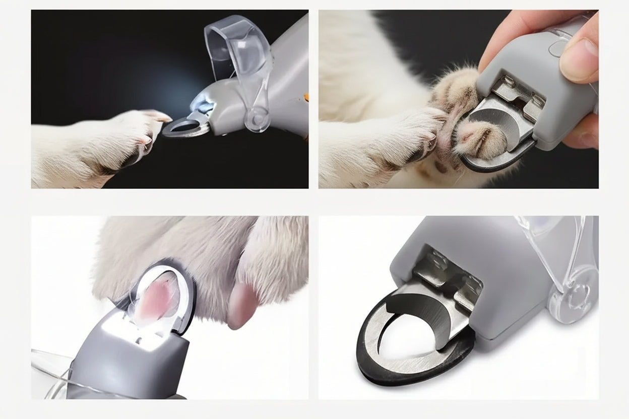 Illustrated overview showing the LED‑illuminated pet nail clipper in use, highlighting the magnifier, bright lights, steel blade, and safe trimming design.