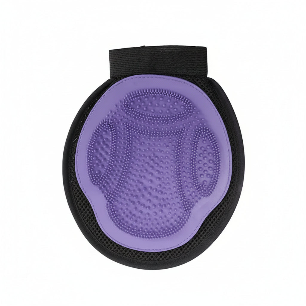 A purple dual‑sided pet grooming glove with textured rubber tips designed for bathing, massaging, and removing loose hair from cats and dogs.