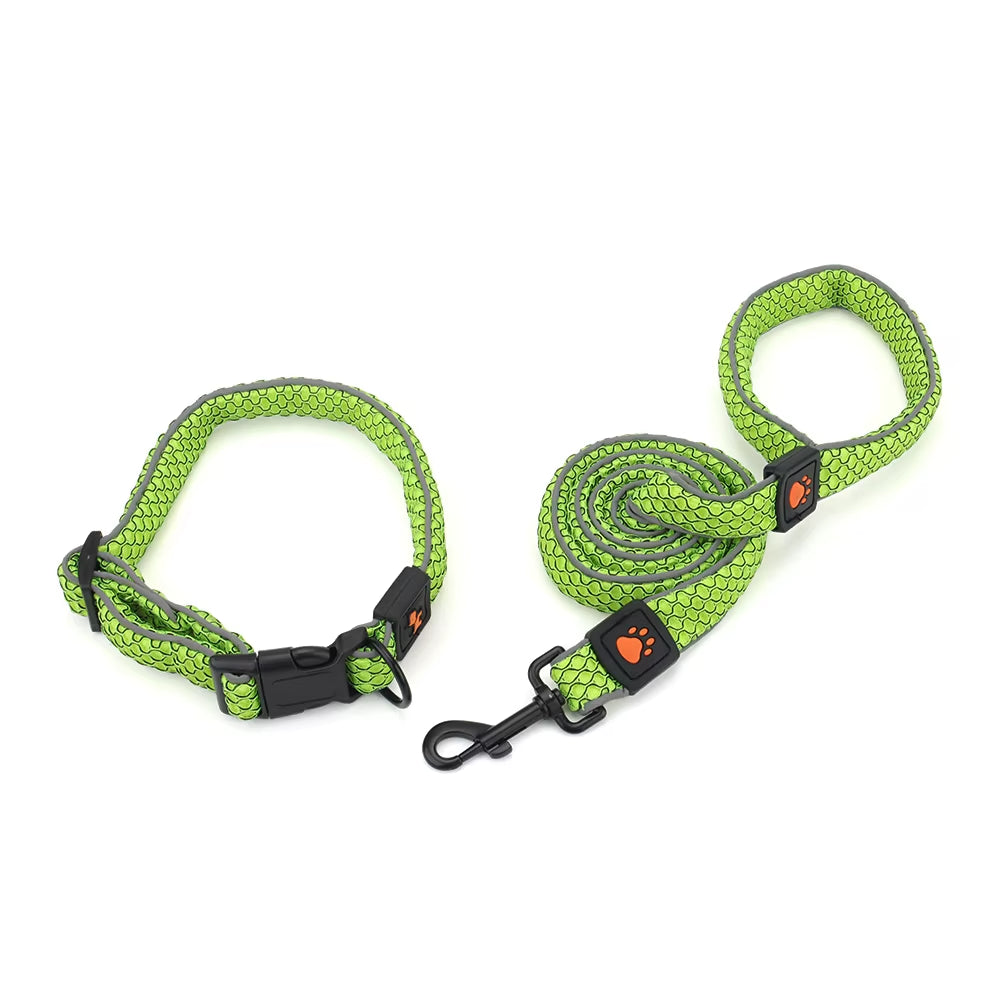 Reflective green dog collar and matching leash set with strong buckle