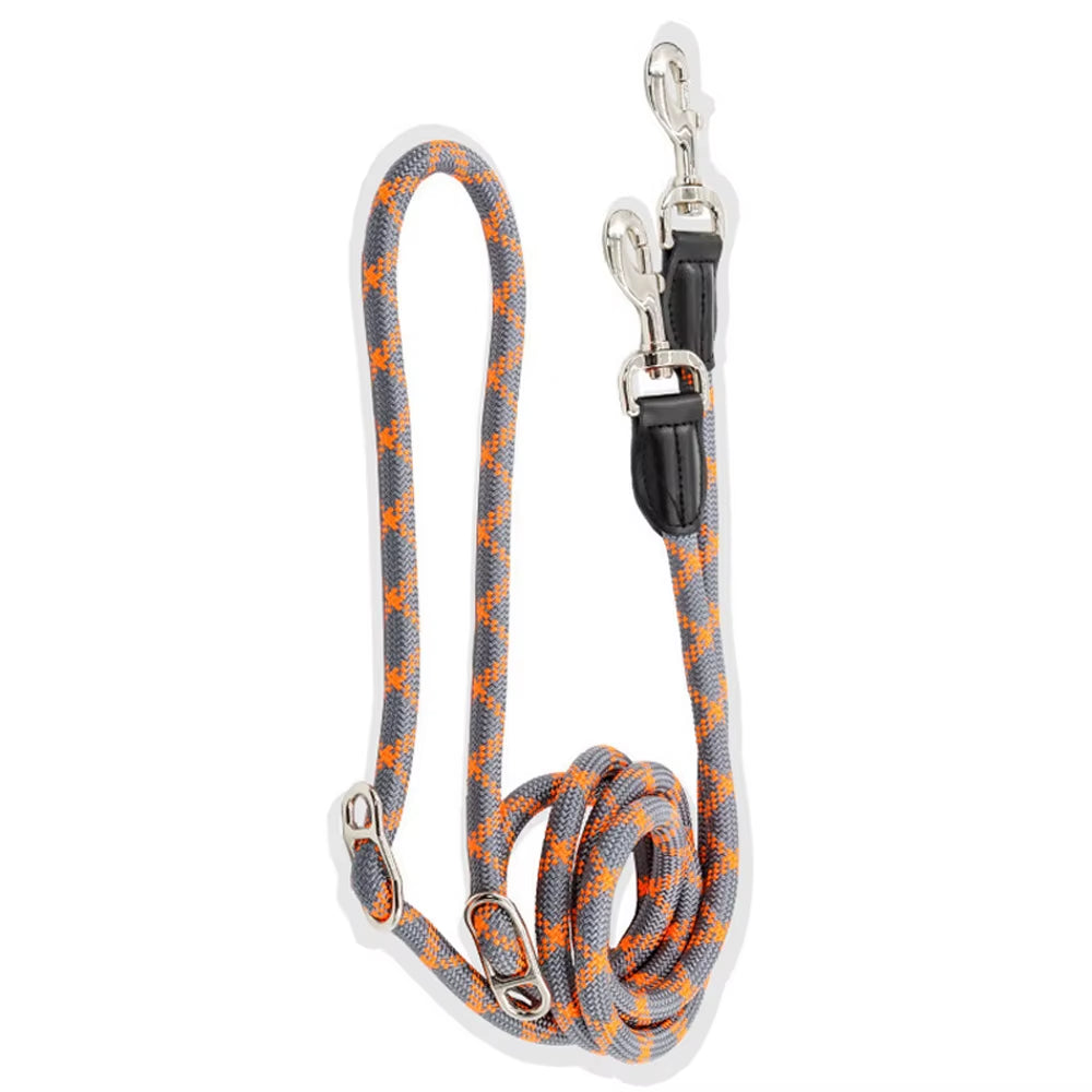 Gray and orange adjustable rope dog training leash featuring dual metal clips and leather reinforcements.