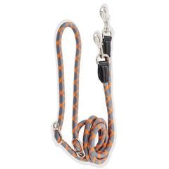 Gray and orange adjustable rope dog training leash featuring dual metal clips and leather reinforcements.